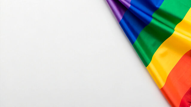 LGBT  Flat lay top view of symbolic parade items, including rainbow  on white surface with a blank space for text