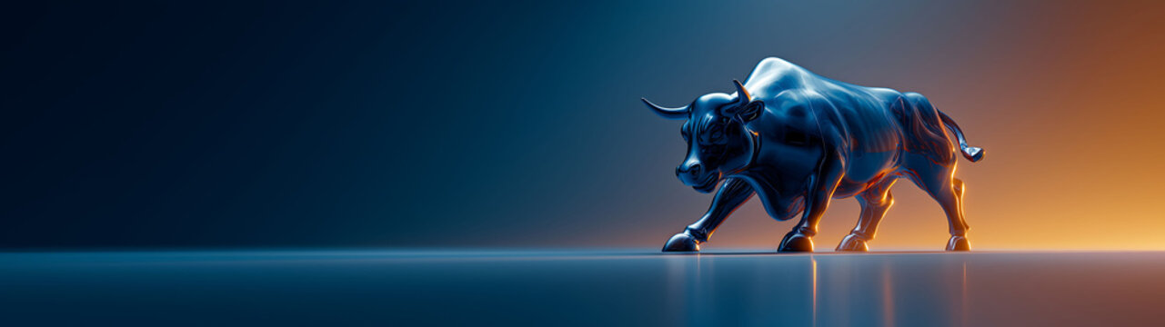 A futuristic glass bull in a premium financial advisory website hero section, with elegant gradient background