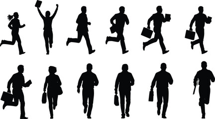 Collection of black silhouette vector illustrations of rushing business people running fast with briefcases and bags on white background.