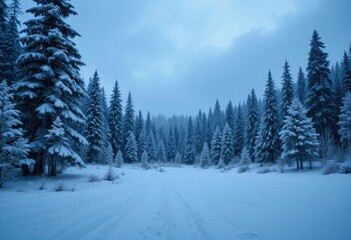 Obraz premium Snow-covered forest landscape with tall evergreen trees at dawn in a tranquil winter setting