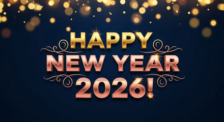 Illustration of golden, rose letters forming "Happy New Year 2026!", glittering bokeh background, festive mood, good luck, a promise of prosperity