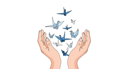 Naklejka premium Origami cranes flying from open hands symbolizing freedom and hope, Generative AI.