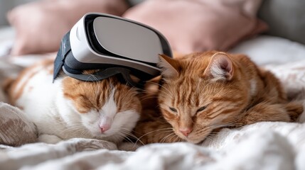 Two domestic felines resting comfortably with a headset placed upon one's head