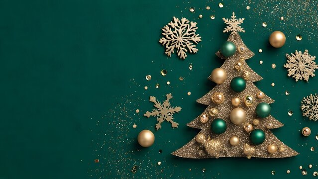 Elegant Christmas tree sparkles on emerald background