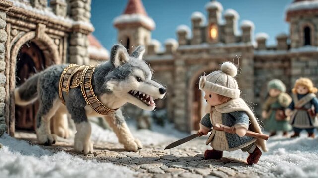 Fantasy scene wolf and human figure with snowy castle background