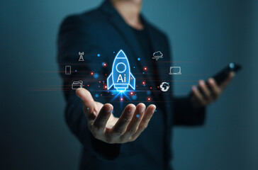A businessman presenting a glowing AI rocket icon symbolizing digital innovation, technology acceleration, data integration, and advanced artificial intelligence for modern business growth.