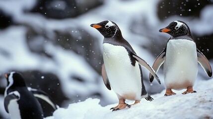 Two adorable little penguins stand together on a snowy hillside, surrounded by falling snow, creating a serene winter scene.