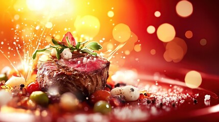 A perfectly seared steak rests on a vibrant red plate, surrounded by colorful vegetables and garnished with fresh herbs, illuminated by dramatic lighting effects.