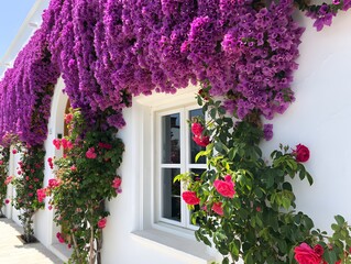 Bougainvillea and roses adorn a white building with a window and arched doorway in summer
