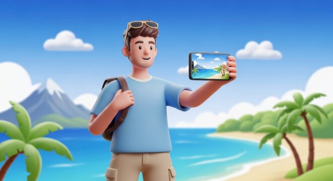 Cartoon traveler capturing tropical paradise on smartphone with playful 3D rendering - Powered by Adobe
