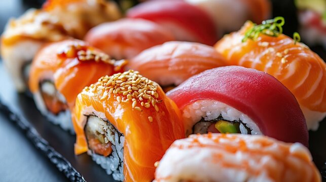 A beautifully arranged platter of assorted sushi rolls sits on a black slate surface, showcasing fresh salmon, tuna, and other ingredients.