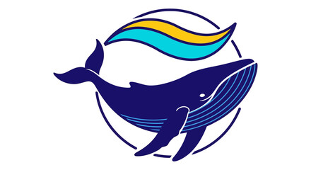 Stylized dark blue whale with yellow and turquoise wave elements inside a circle