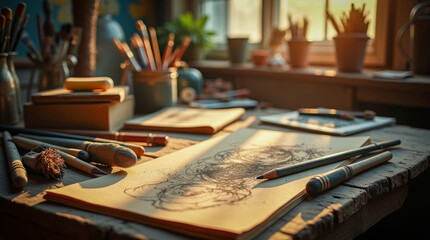 Old worn-out drawing tools including pencils, charcoal, and paintbrushes, scattered on a weathered wooden table in a cluttered artist studio