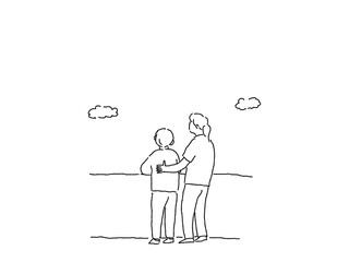 高齢女性と空を見上げる女性（看護師、ヘルパー、介護士）、線画