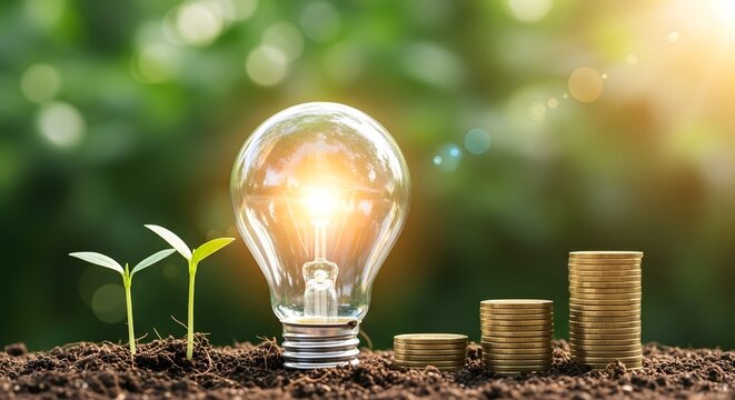 Sustainable investment lightbulb seedlings and coins symbolizing growth and finance