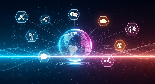 Global network concept with a glowing earth at the center, connected by lines to various hexagonal icons representing communication, technology, and data transfer - Powered by Adobe