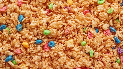 A close-up shot of a bowl filled with colorful cereal, featuring marshmallows and various shaped pieces, set against a dark background.