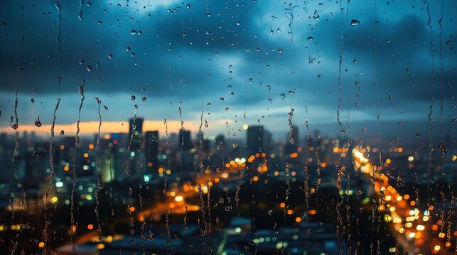 Rainy city skyline viewed through a window, illuminated by the warm glow of city lights against a dramatic, cloudy sky.