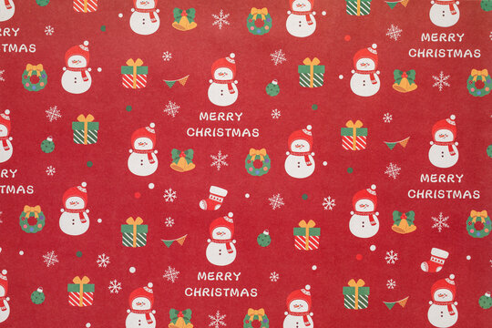 red christmas background with snowmans and snowflakes and gifts,seamless pattern of nowmans and garland and bell on red background,Christmas wrapping paper, Xmas pattern with ornaments.
