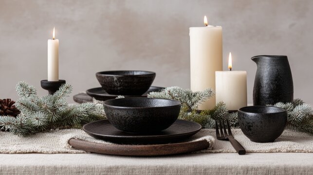 A rustic table setting with black ceramic bowls, plates, and a pitcher. White candles and pine branches add a cozy touch. Ideal for holiday dining.