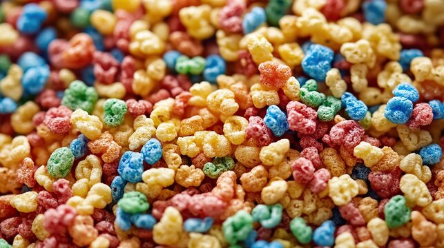 A close-up shot of colorful cereal pieces scattered across a dark surface, highlighting the vibrant colors and textures of the breakfast food. - Powered by Adobe