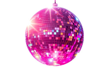Disco ball in neon pink, purple tones. Reflective mirrored surfaces. PNG. Transparent background. Music event branding, nightclub promotions, party, posters, entertainment design. Rest. Fun. Free time