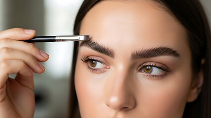 A close-up shot of a person intently applying eyebrow makeup with precision and artistry. A portrait of a beauty treatment.