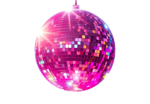 Disco ball in neon pink, purple tones. Reflective mirrored surfaces. PNG. Transparent background. Music event branding, nightclub promotions, party, posters, entertainment design. Rest. Fun. Free time - Powered by Adobe
