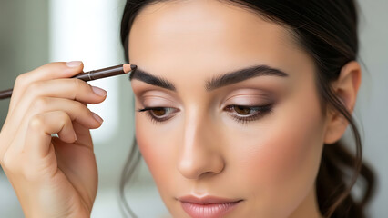 A woman meticulously applies makeup, carefully shaping her eyebrows with a pencil, showcasing the art of beauty and self-care in a close-up, natural light setting.