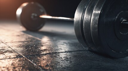 Heavy Barbell and Weight Plates on Gritty, Reflective Gym Floor Under Dramatic Light.