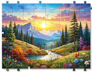 Cartoonish puzzle with a mountain vista at sunset. A stream flows through a field of colorful flowers