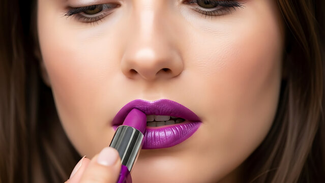 A close-up captures a woman applying vibrant lipstick. Highlighting the allure and beauty associated with makeup and self-expression. 