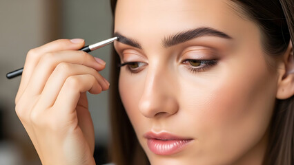 Fototapeta premium A woman delicately applies makeup to her eyebrows with a small brush, showcasing the art of cosmetic application. She has a clear and smooth skin tone.
