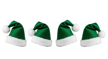 four identical emerald green felt santa hats, white faux fur and pom-poms, horizontal row, high key studio shot against transparent background. concept for luxury holiday advertising