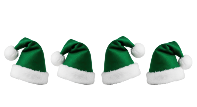 four identical emerald green felt santa hats, white faux fur and pom-poms, horizontal row, high key studio shot against transparent background. concept for luxury holiday advertising