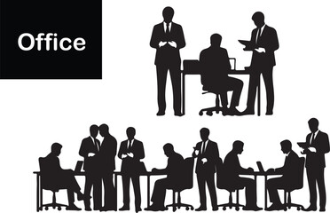 silhouettes of business people in office,
Corporate Silhouettes in Motion, Stylized Office Figures Representing Teamwork and Productivity.