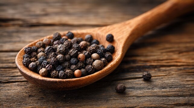 Whole black peppercorns fill a rustic wooden spoon resting on weathered timber
