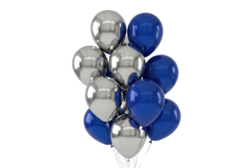 a hyperrealistic 3d render of luxurious shiny metallic silver and velvety matte sapphire blue helium balloons floating gently on a transparent background with copy space, high-end event decor