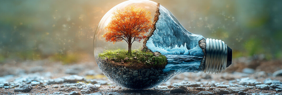 Lightbulb showcases vibrant landscape with tree and water Generative AI - Powered by Adobe
