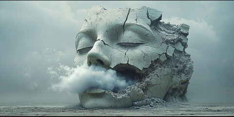 Fragmented stone face reveals surreal beauty in fog Generative AI