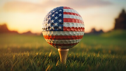 Golf ball with american flag design on tee at sunset
