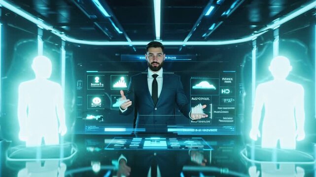 A businessman is using his smartphone chat friendly chatbot interface AI agent interface virtual assistant digital data smart automation, chatbot interaction, generative AI technology a modern office - Powered by Adobe