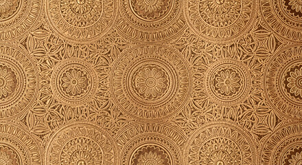 Illustration of luxurious antique gold embossed damask pattern with intricate circular and floral designs, creating a rich and opulent texture