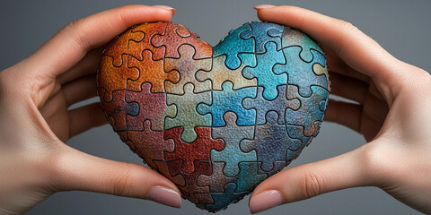 Hands assemble a colorful heart-shaped puzzle together Generative AI