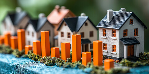 Miniature houses with rising bar graphs in a row display Generative AI