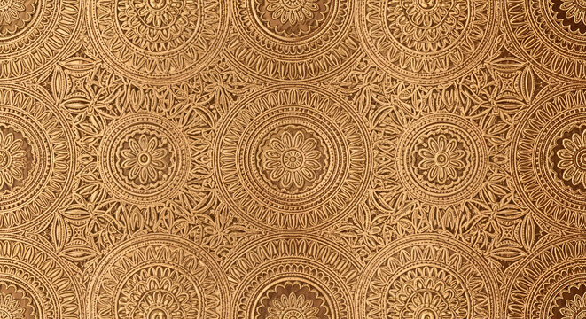 Illustration of luxurious antique gold embossed damask pattern with intricate circular and floral designs, creating a rich and opulent texture - Powered by Adobe
