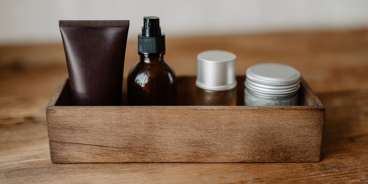 Wooden tray with a few bottles of lotion