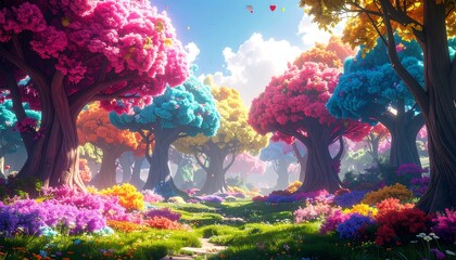 A vibrant forest filled with trees adorned with colorful foliage; a whimsical scene with a blue sky backdrop