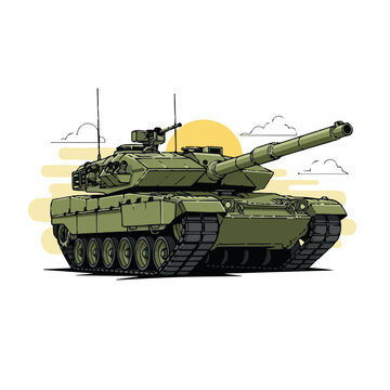 Military tank illustration in front of a sunset backdrop, designed with detailed armor and rugged lines, suitable for war-themed vector art or tactical graphics