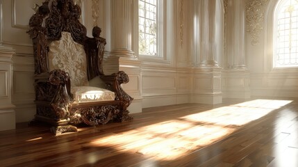 Ornate, dark wooden throne sits within a sunlit classical hall with polished floorboards